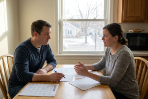 Minnesota parents reviewing financial documents related to child support and 50-50 custody arrangements