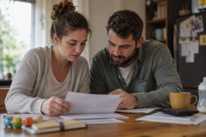 Unmarried Minnesota parents reviewing custody and parenting documents at home